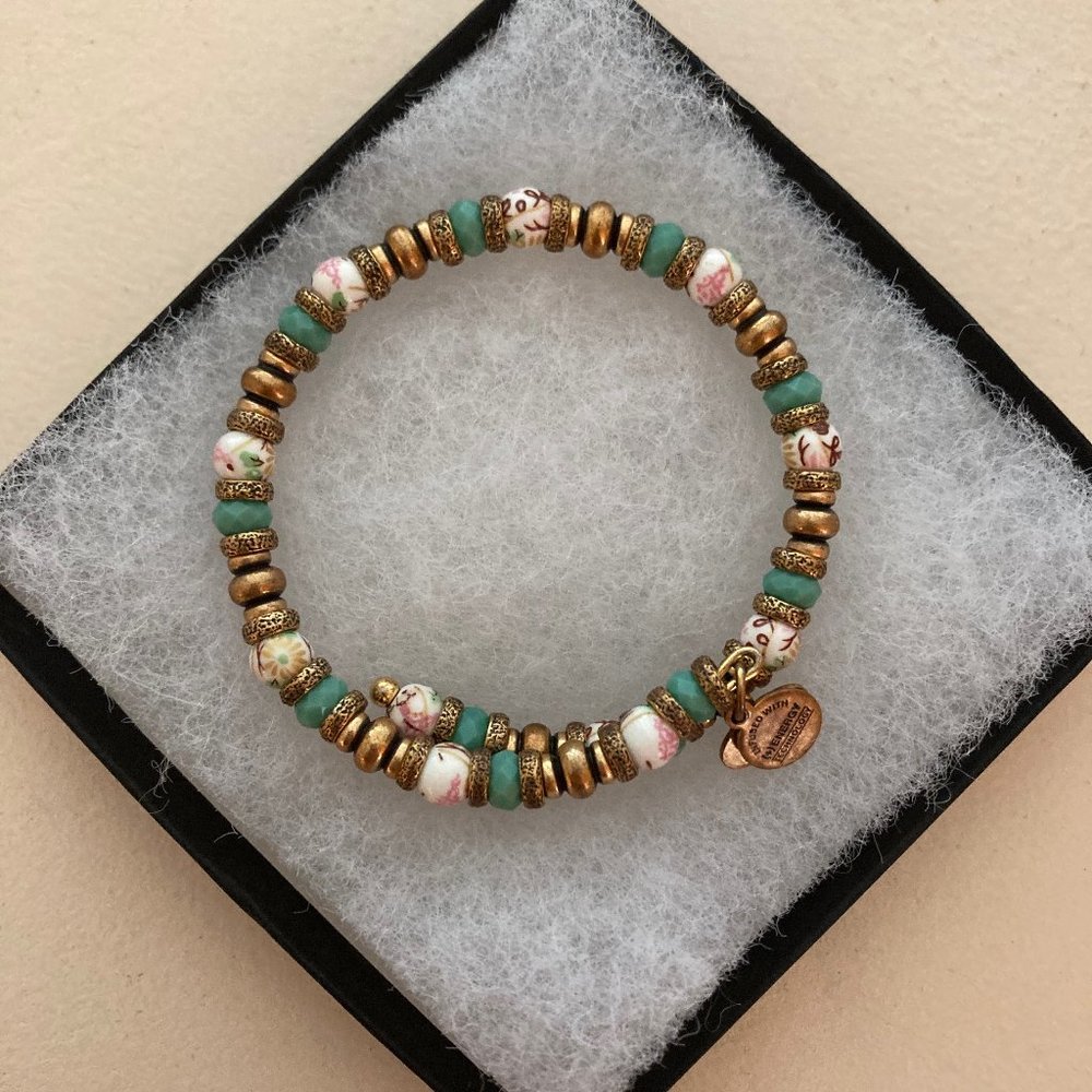 ALEX AND ANI TEAL, GOLD, AND FLORAL BEADED BRACELET